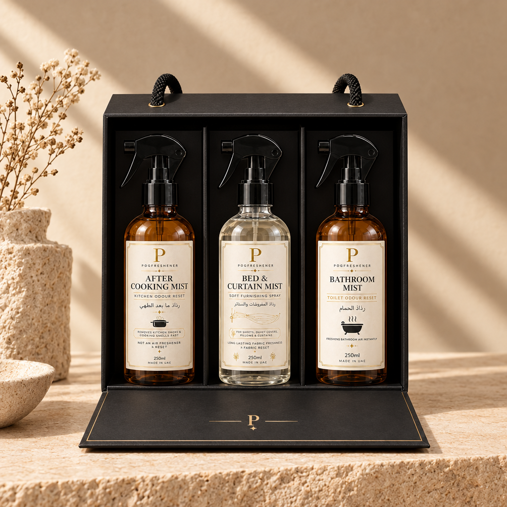 Clean product image of three mist bottles in a gift box